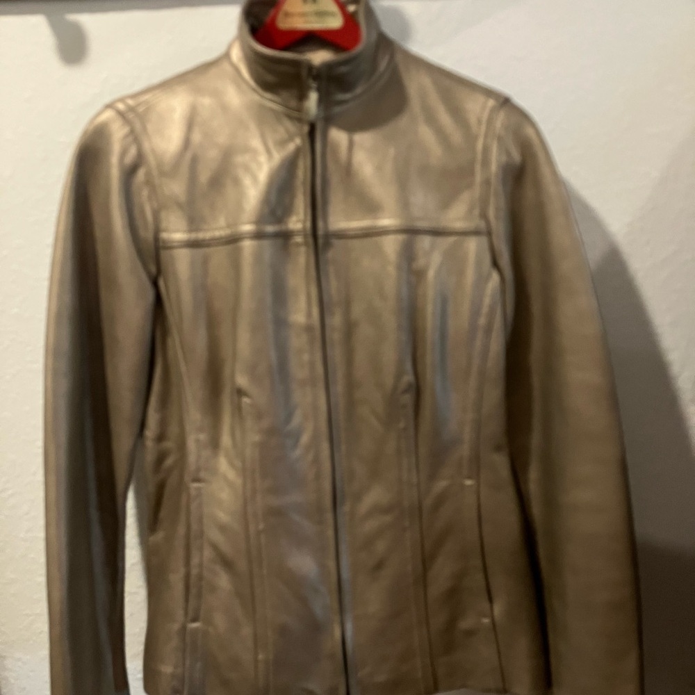 Jones New York Women's Gold-Bronze Leather Jacket Size S PreOwned